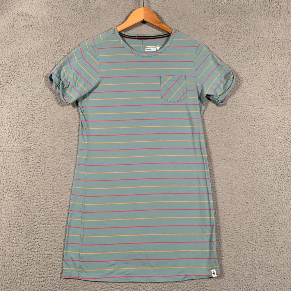 Smartwool Merino 150 Dress Women's Small S Teal Striped Short Sleeve Pocket Wool
